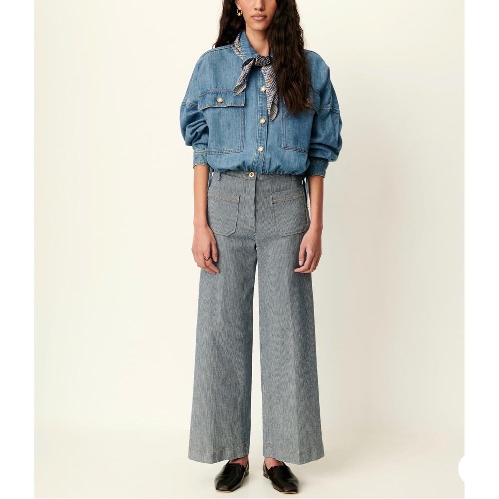 Sessun Aldricks High Waisted Straight Pleated Pants Coutil Blue Pinstripe‎ Sz 4